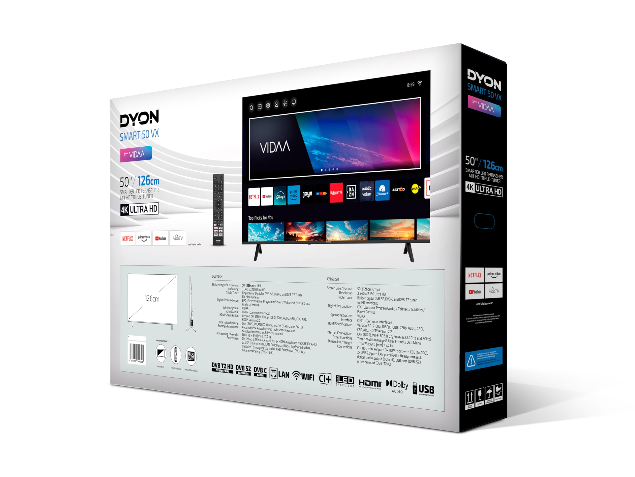 DYON Smart 50 VX - 50 Zoll 4K UHD Smart TV (2024) mit Triple Tuner, App Store, Prime Video, Netflix, YouTube, DAZN & Disney+