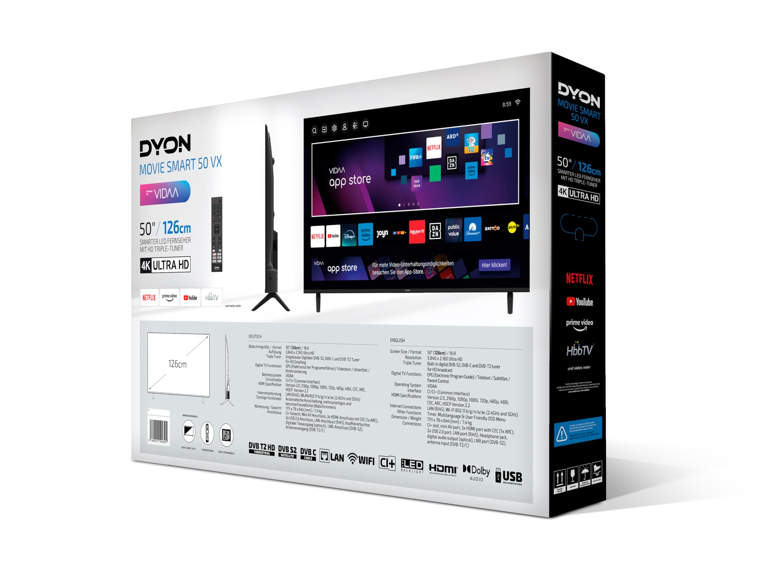 DYON Movie Smart 50 VX - 50 Zoll 4K UHD Smart TV (2024) mit Triple Tuner, App Store, Prime Video, Netflix, YouTube, DAZN & Disney+