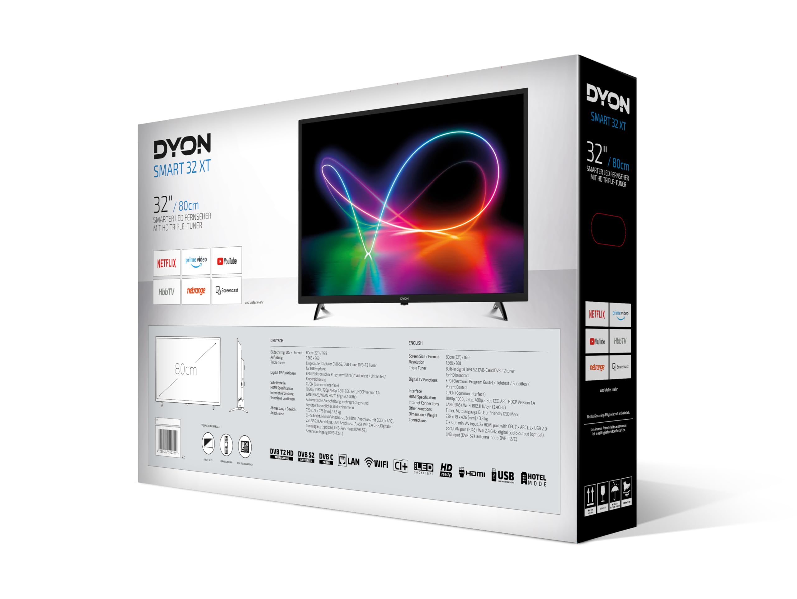 DYON Smart 32 XT 80 cm (32 Zoll) Fernseher (HD Smart TV, HD Triple Tuner (DVB-C/-S2/-T2), Prime Video, Netflix & HbbTV) [Modelljahr 2022], Schwarz