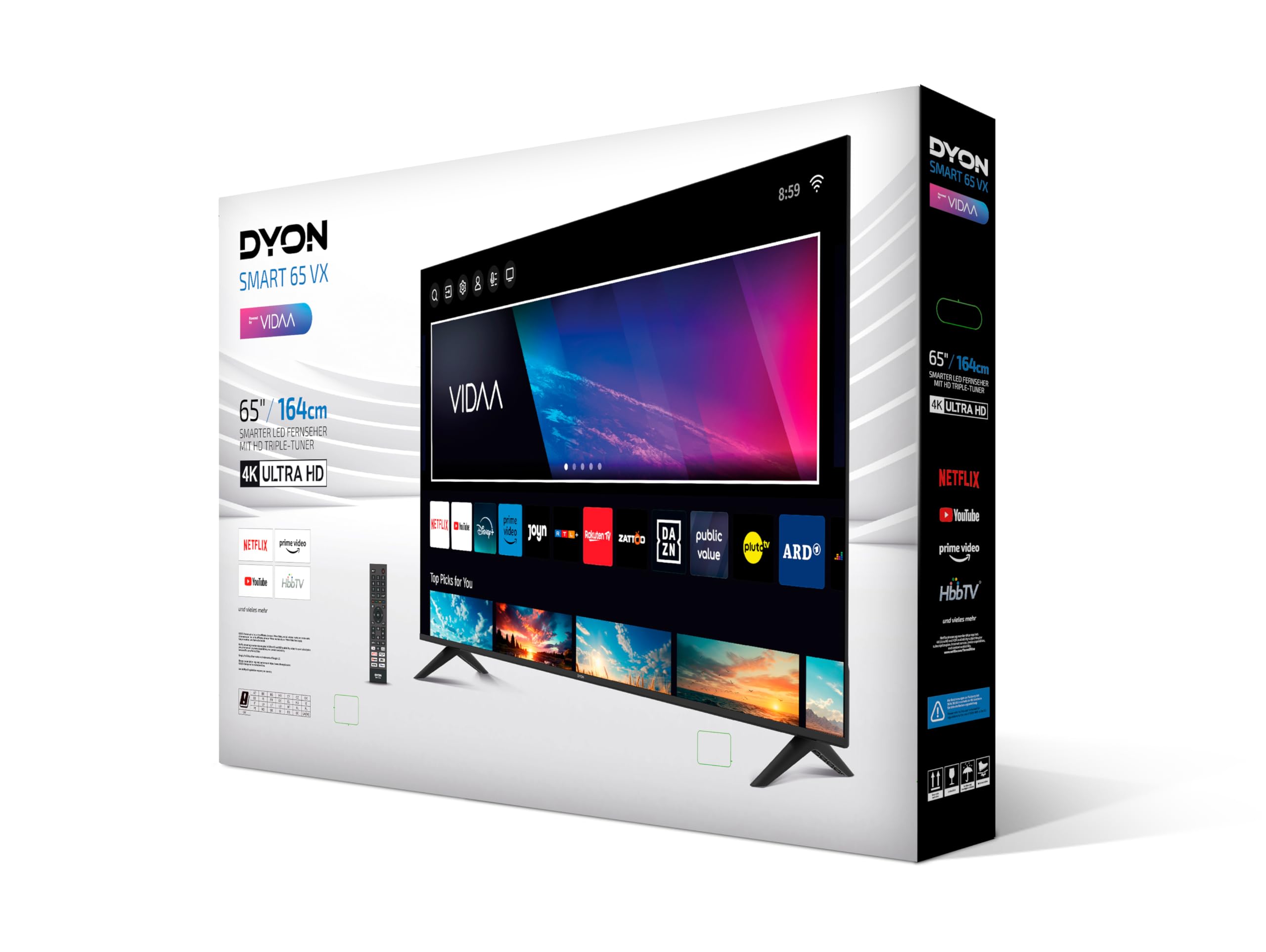 DYON Smart 65 VX - 65 Zoll 4K UHD Smart TV (2024) mit Triple Tuner, App Store, Prime Video, Netflix, YouTube, DAZN & Disney+