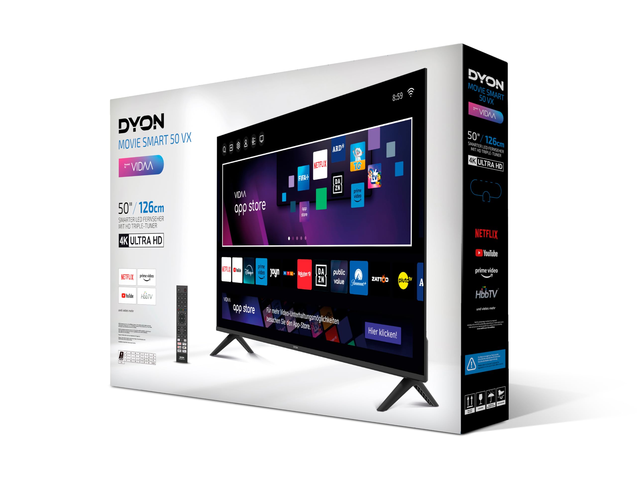 DYON Movie Smart 50 VX - 50 Zoll 4K UHD Smart TV (2024) mit Triple Tuner, App Store, Prime Video, Netflix, YouTube, DAZN & Disney+