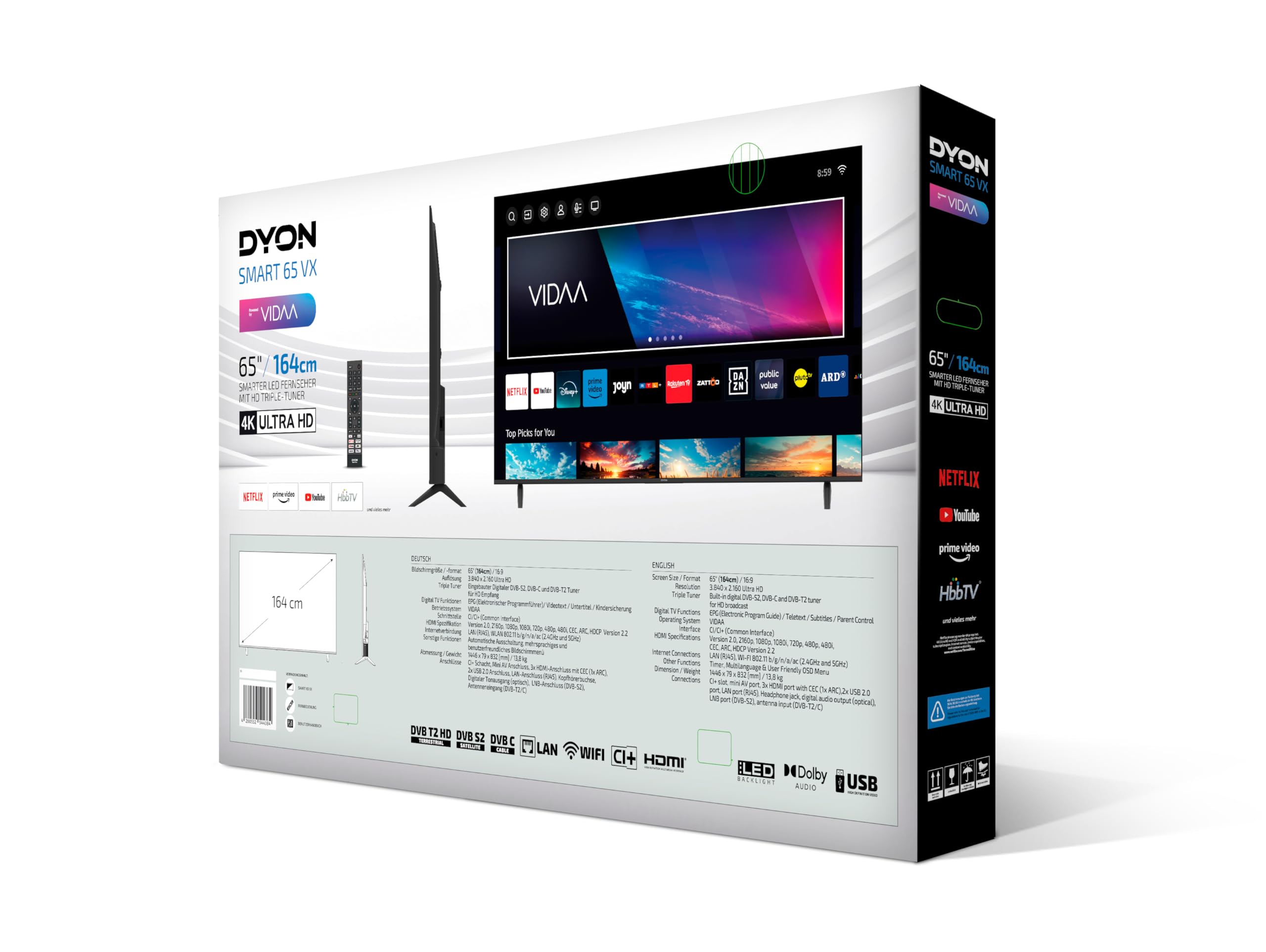 DYON Smart 65 VX - 65 Zoll 4K UHD Smart TV (2024) mit Triple Tuner, App Store, Prime Video, Netflix, YouTube, DAZN & Disney+