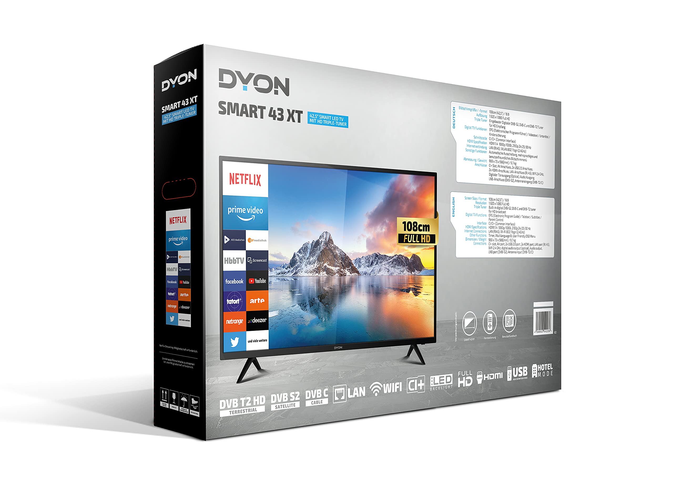 DYON Smart 43 XT 108 cm (43 Zoll) Fernseher (Full-HD Smart TV, HD Triple Tuner (DVB-C/-S2/-T2), Prime Video, Netflix & HbbTV) [Modelljahr 2022]