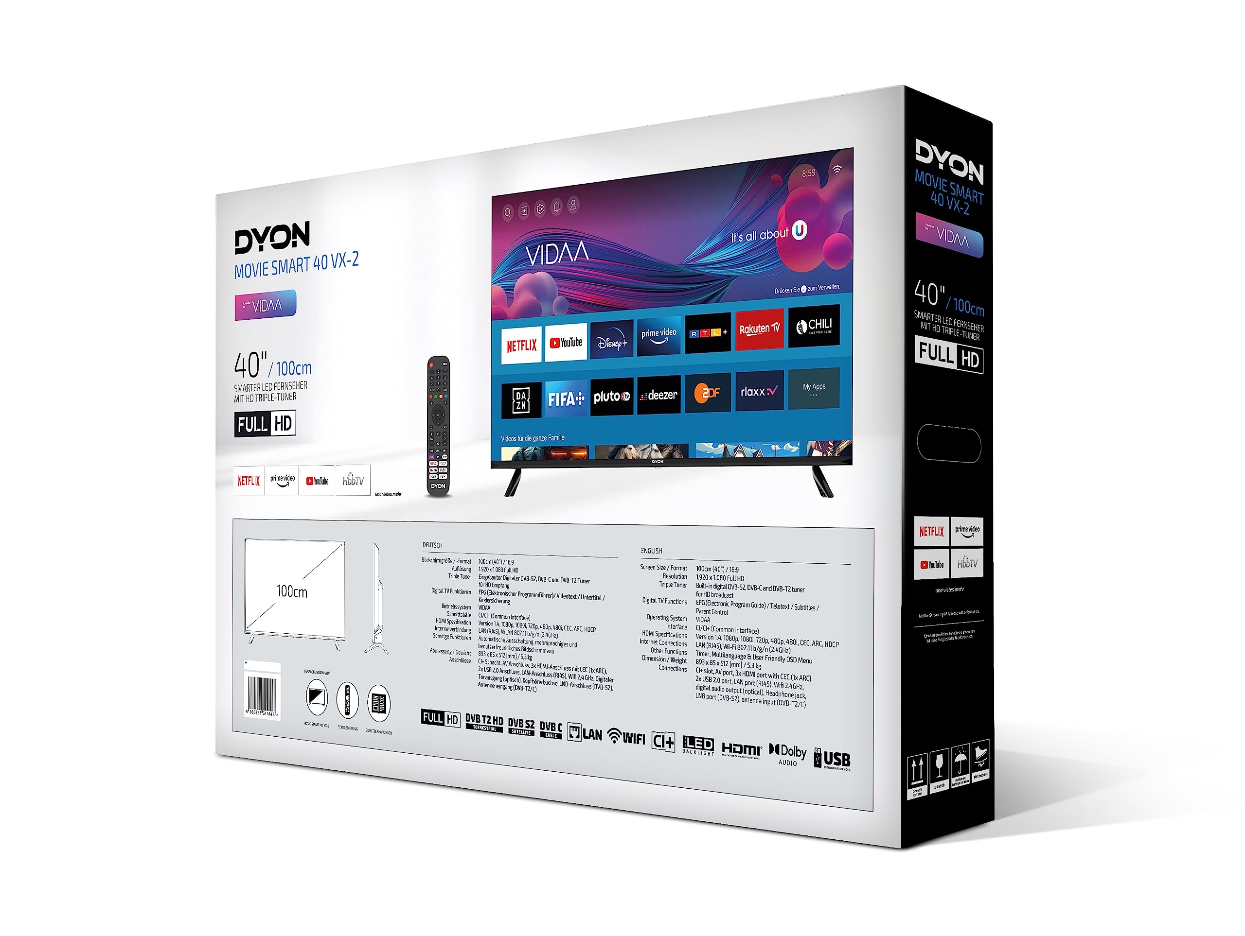 DYON Movie Smart 40 VX-2 - 40 Zoll Full-HD Smart TV (2023) mit HD Triple Tuner, App Store, Prime Video, Netflix, YouTube, DAZN & Disney+