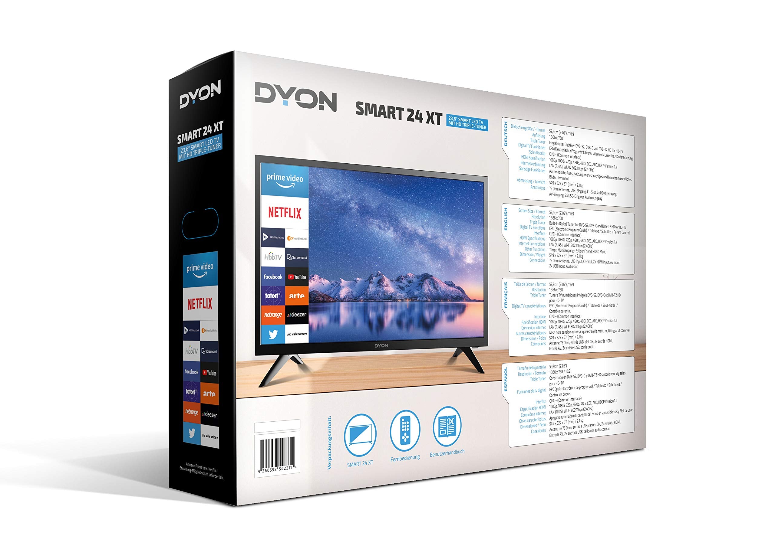 DYON Smart 24 XT 60 cm (24 Zoll) Fernseher (HD Smart TV, HD Triple Tuner (DVB-C/-S2/-T2), Prime Video, Netflix & HbbTV) [Modelljahr 2022]