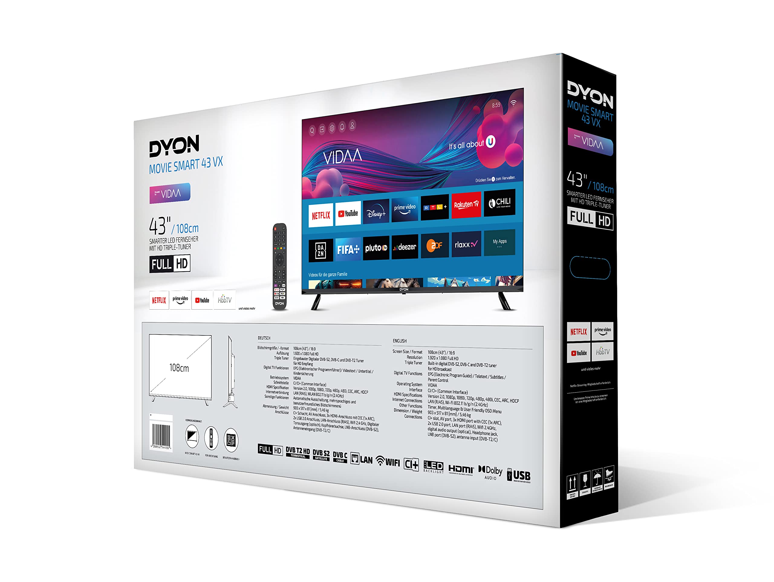 DYON Movie Smart 43 VX - 43 Zoll Full-HD Smart TV (2023) mit HD Triple Tuner, App Store & Streaming-Apps